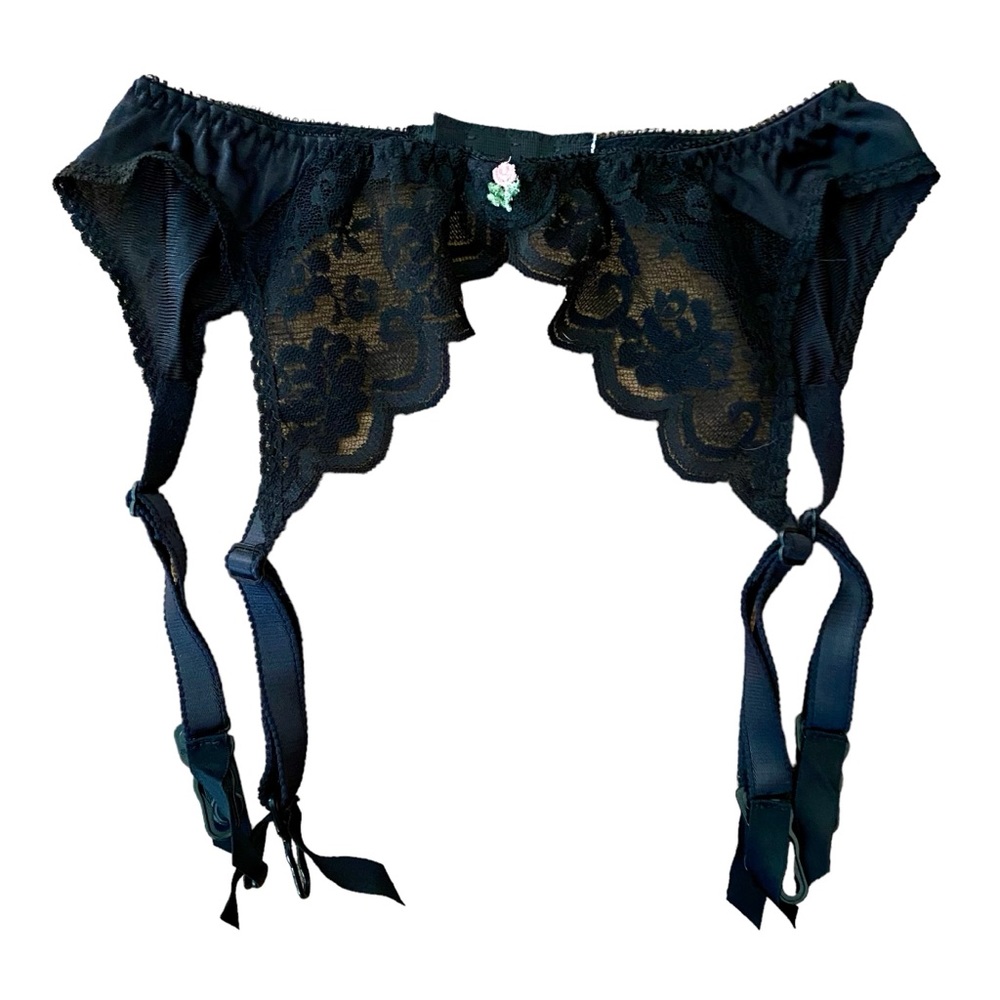 Black Lace Garter Belt with Rose - XS